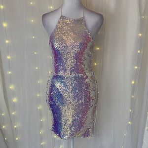 Iridescent Sequin Halter Mini Dress in Multi-Color